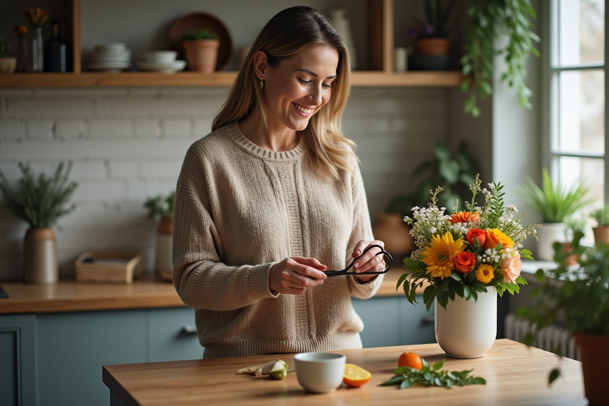 Femme d'âge moyen avec bouquet de fleurs fraîches