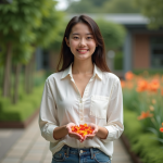 Jeune femme dans un jardin botanique tenant des pétales colorés