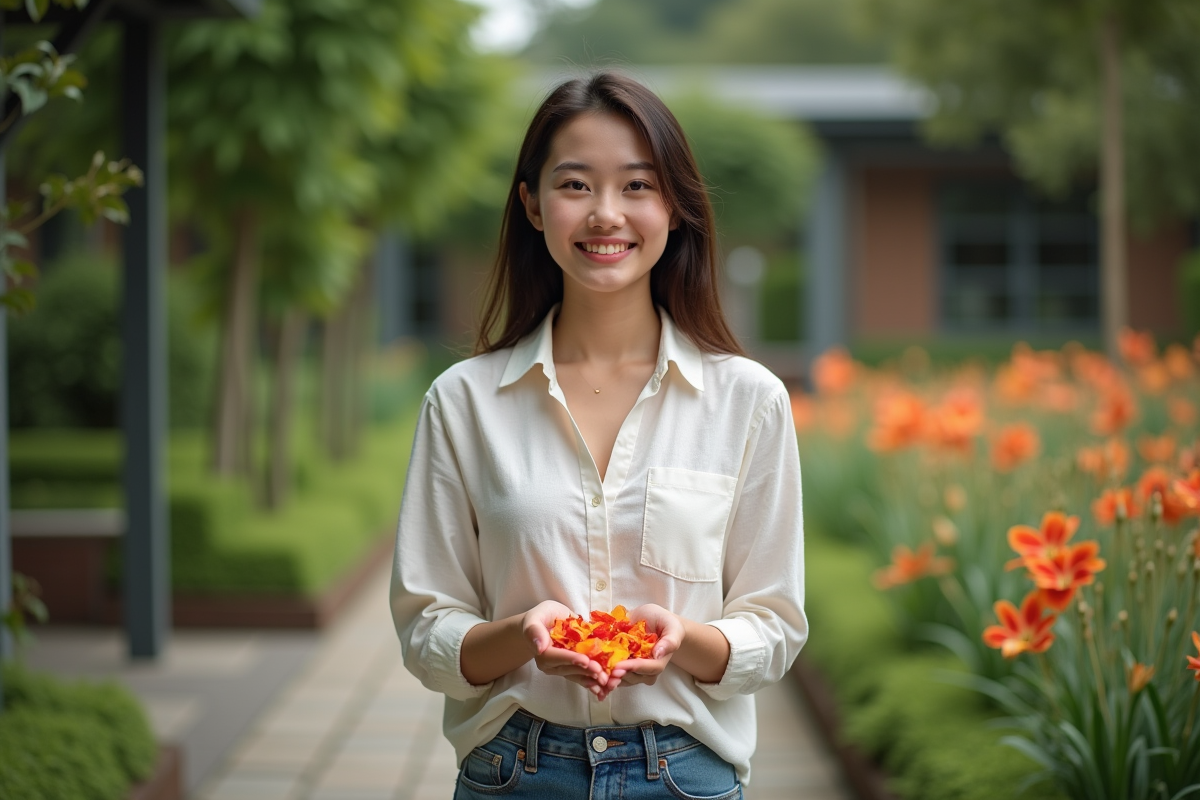 Jeune femme dans un jardin botanique tenant des pétales colorés
