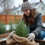 Femme en laine couvre un thym dans un jardin d'hiver