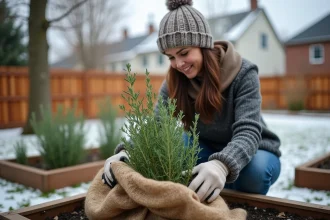 Femme en laine couvre un thym dans un jardin d'hiver