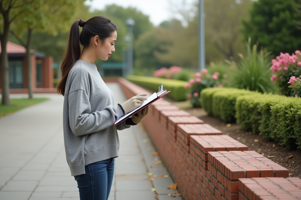 Femme vérifiant la hauteur des bordures en briques