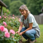 Femme au jardin arrangeant des fleurs colorées en extérieur