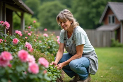 Femme au jardin arrangeant des fleurs colorées en extérieur