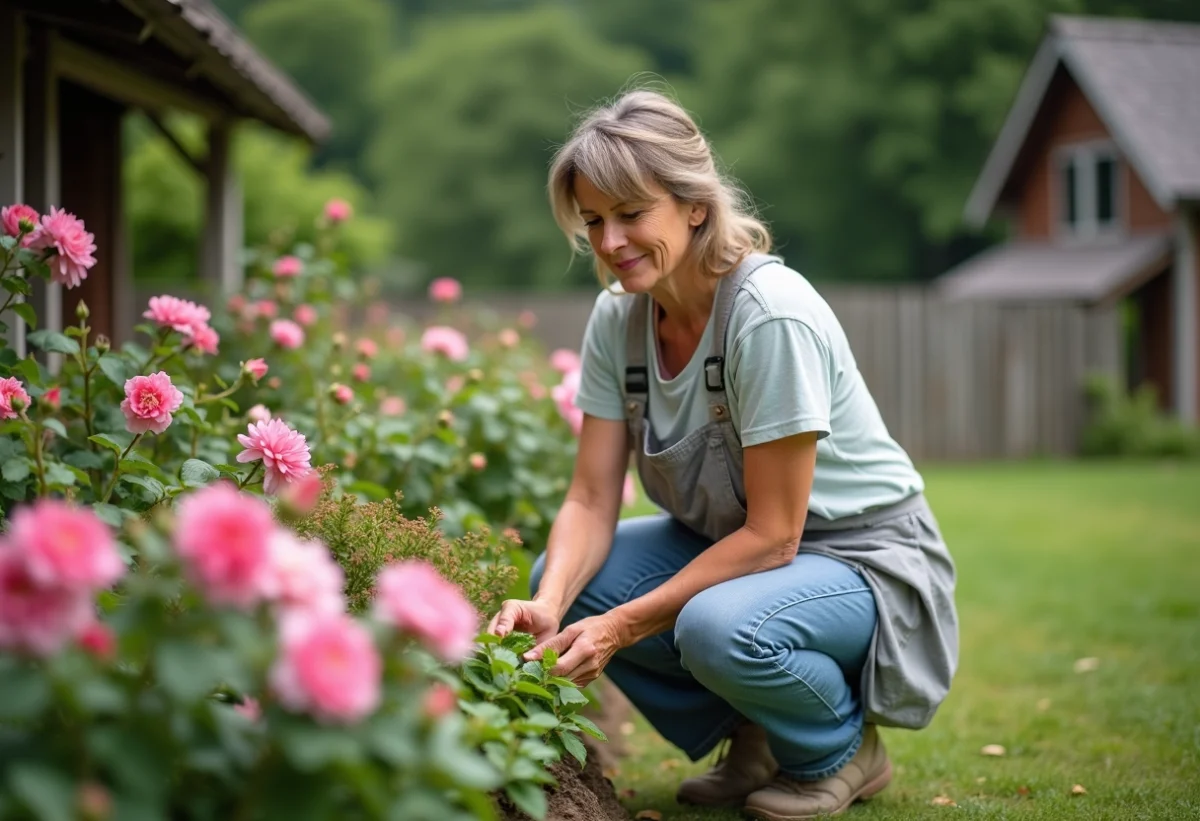 Femme au jardin arrangeant des fleurs colorées en extérieur