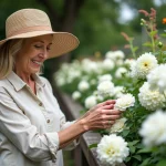 Femme en linen et chapeau arrangeant des fleurs blanches dans un jardin