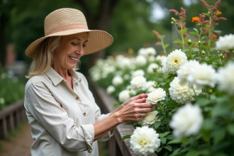 Femme en linen et chapeau arrangeant des fleurs blanches dans un jardin