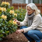 Femme en jardin s'occupe d'un rhododendron en début de printemps