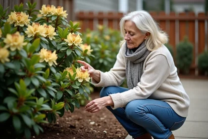 Femme en jardin s'occupe d'un rhododendron en début de printemps