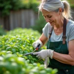 Femme en jardinage coupe du basilic dans un jardin