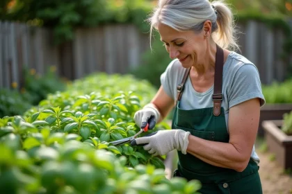 Femme en jardinage coupe du basilic dans un jardin