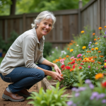 Femme d'âge moyen en jardinage dans un jardin bien entretenu