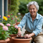 Femme en jardinage arrangeant des fleurs dans un pot en terre cuite