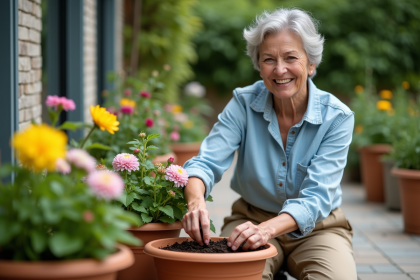 Femme en jardinage arrangeant des fleurs dans un pot en terre cuite