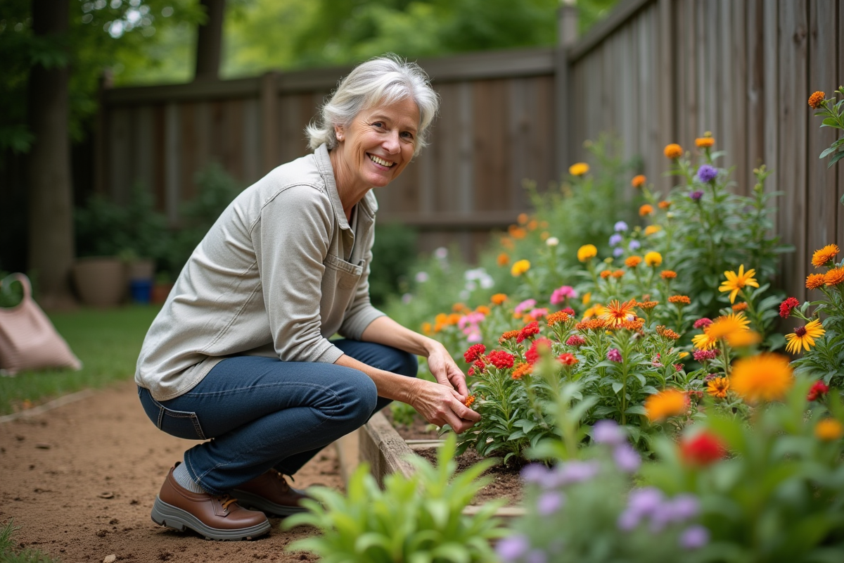 Femme d'âge moyen en jardinage dans un jardin bien entretenu
