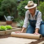 Femme en jardinage posant avec tissu géotextile dans le jardin