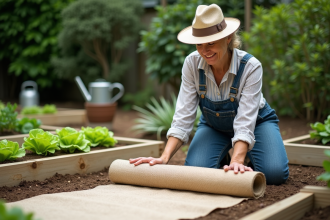 Femme en jardinage posant avec tissu géotextile dans le jardin