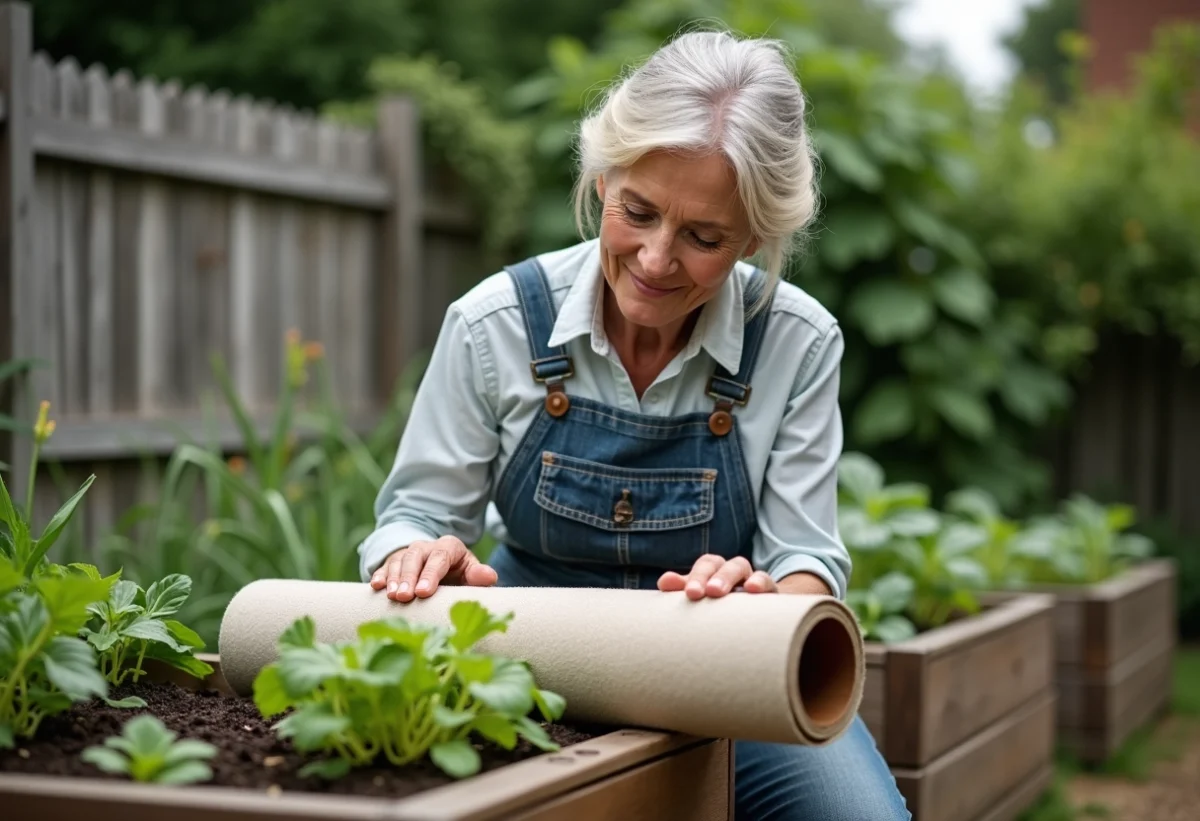 Femme en jardinage examine un rouleau de geotextile