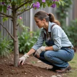 Femme en jardinage avec jacaranda en fleurs violettes