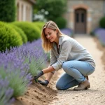 Femme plantant de la lavande dans un jardin français
