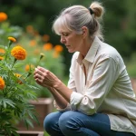 Femme examinant une plante de souci dans un jardin