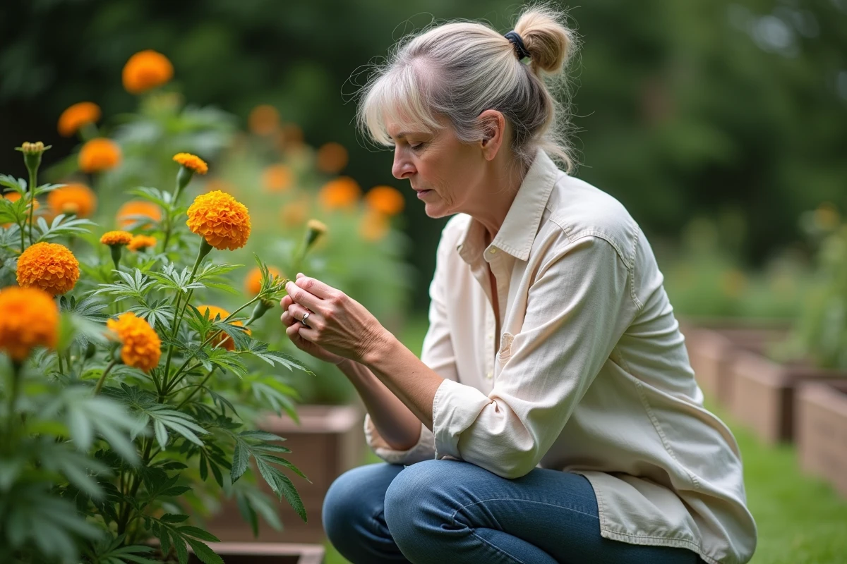 Femme examinant une plante de souci dans un jardin