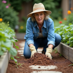 Femme au chapeau de paille étalant du mulch dans le jardin