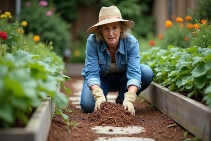 Femme au chapeau de paille étalant du mulch dans le jardin