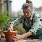 Femme en vêtements de jardinage étalant du riz sur un pot en terre cuite