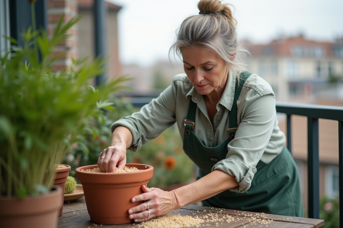 Femme en vêtements de jardinage étalant du riz sur un pot en terre cuite