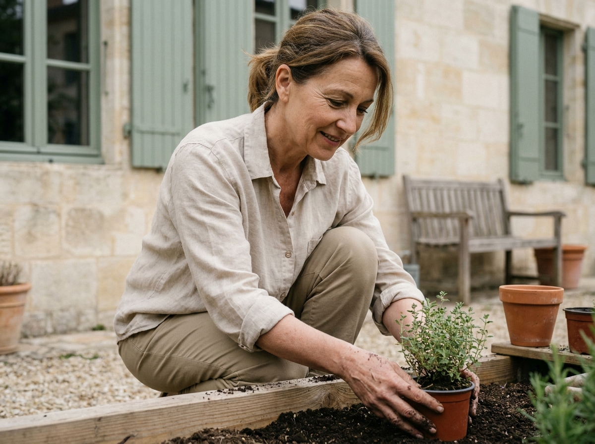 Femme qui jardine dans un jardin bordelais en plantant des herbes aromatiques dans un potager surélevé en bois