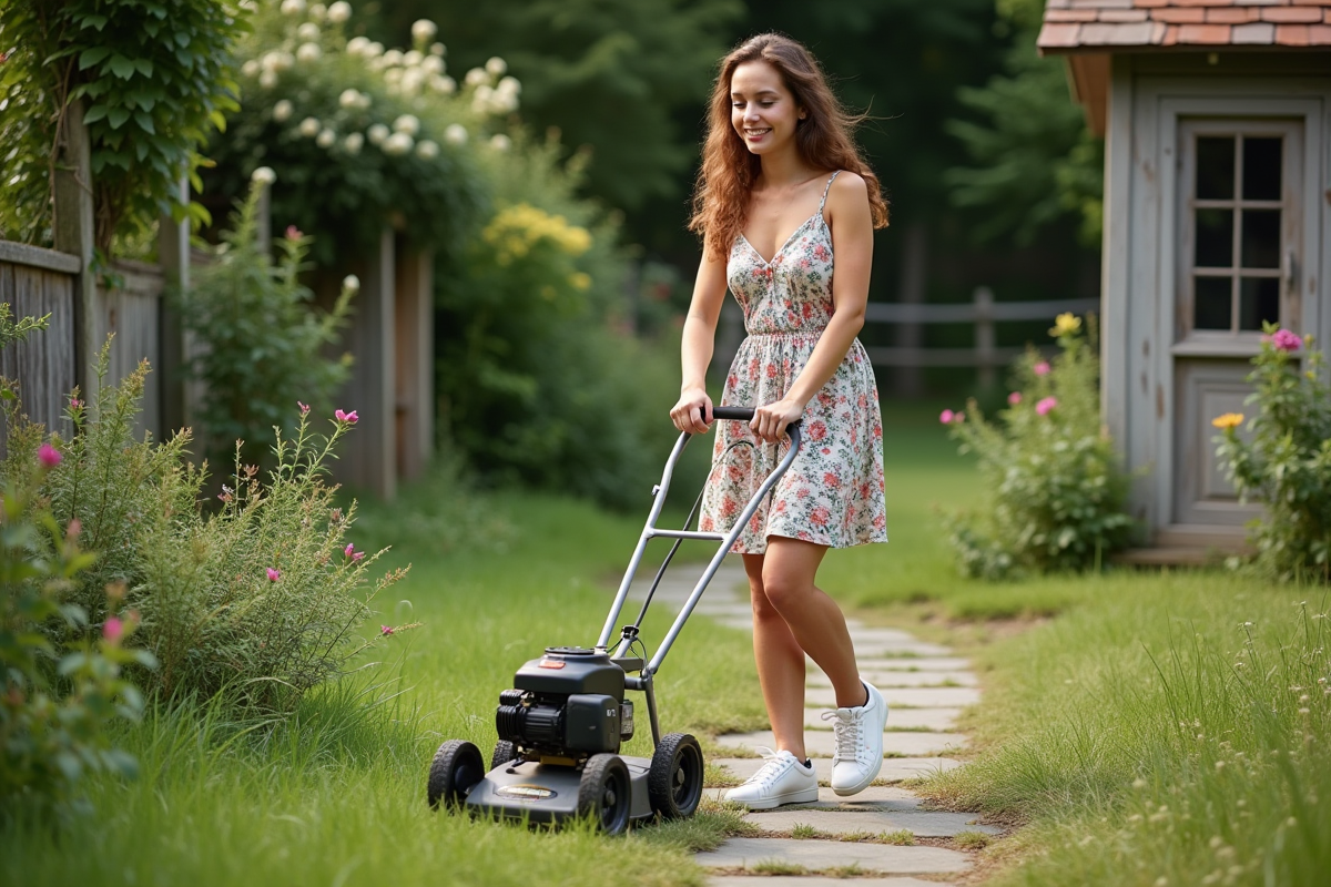 Jeune femme utilisant une vieille tondeuse à la campagne