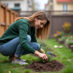 Femme plantant des fleurs dans un jardin urbain