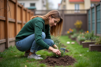 Femme plantant des fleurs dans un jardin urbain