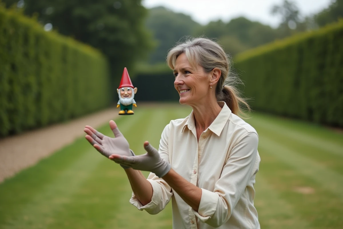 Femme en plein geste de lancer d'un nain de jardin coloré dans un espace vert ouvert, illustrant la trajectoire et la technique de lancer