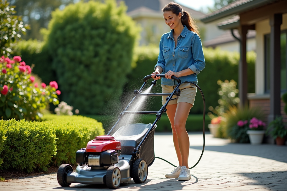 Femme souriante lavant une tondeuse avec un tuyau d