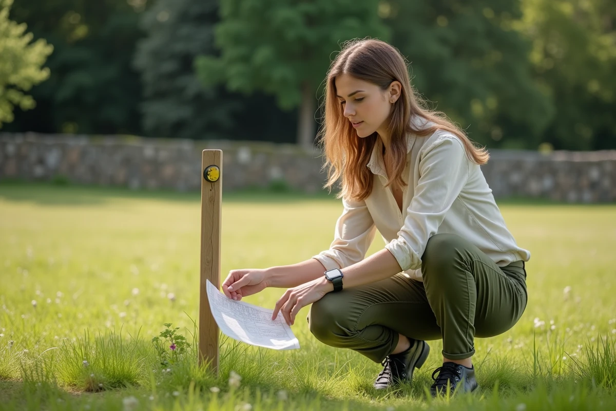 Femme mesurant une parcelle de terrain avec carte et piquet, méthode de conversion are et hectare sur le terrain