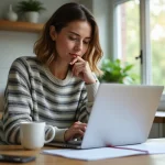 Femme réfléchissant à ses papiers dans une cuisine lumineuse