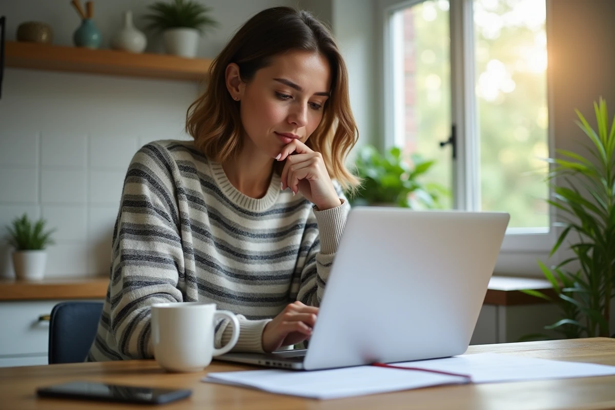 Femme réfléchissant à ses papiers dans une cuisine lumineuse