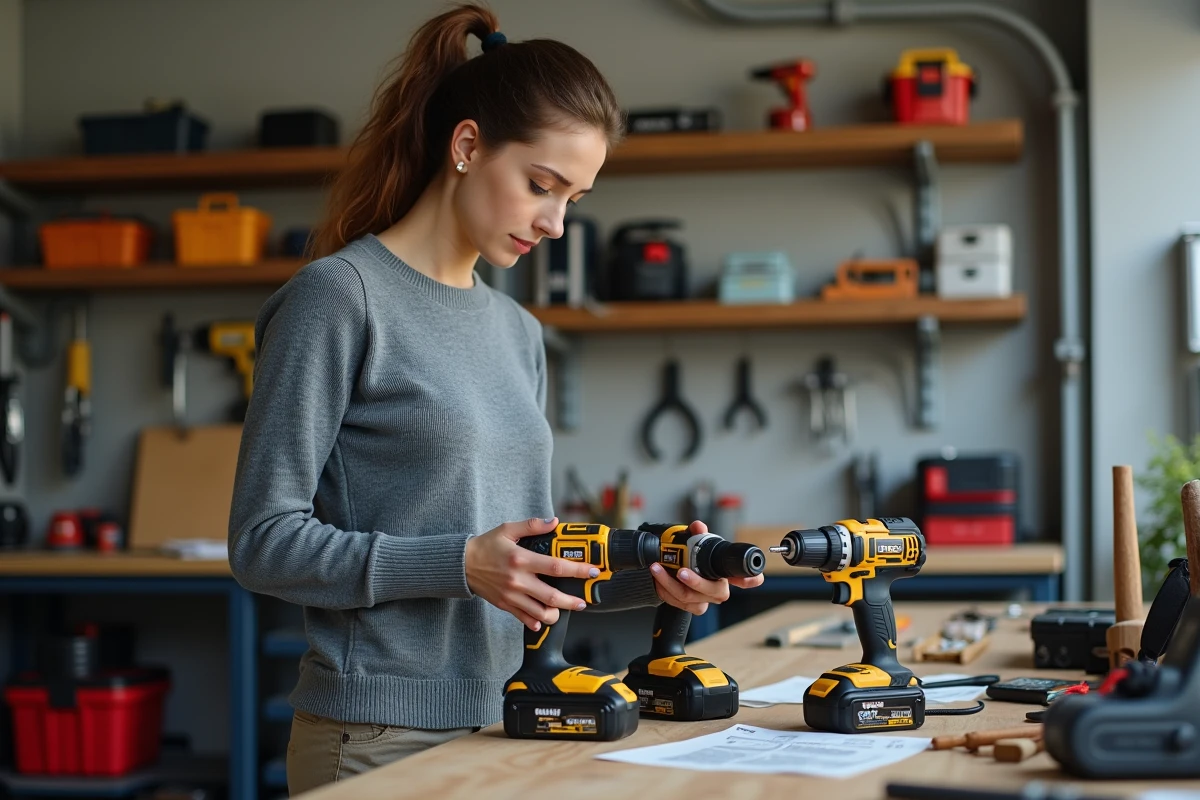 Femme comparant des perceuses dans un atelier de garage