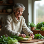 Femme en laine arrangeant des légumes de mars dans la cuisine