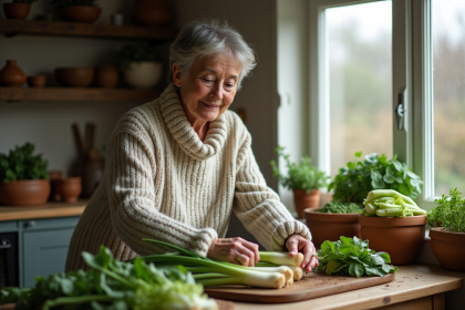 Femme en laine arrangeant des légumes de mars dans la cuisine