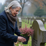 Femme déposant un pot de heather en souvenir au cimetière