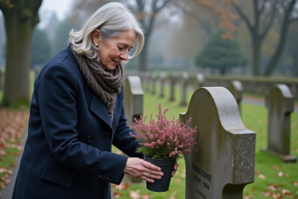 Femme déposant un pot de heather en souvenir au cimetière