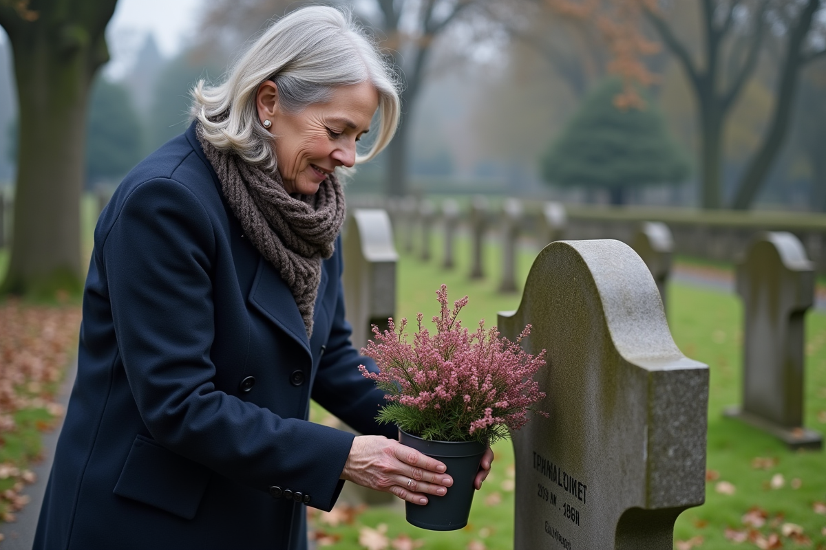Femme déposant un pot de heather en souvenir au cimetière
