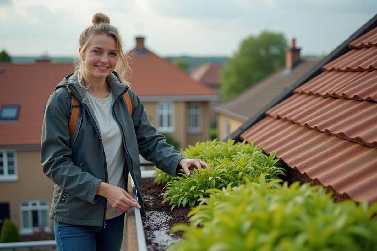 Jeune femme examinant une gouttière dans un jardin de toit