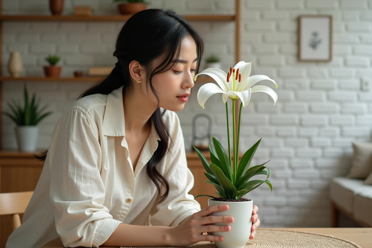 Jeune femme humant le parfum d'un lys oriental en pot sur une table en bois dans un salon de style scandinave, expression sereine et naturelle