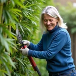 Femme souriante taillant un bambou dans son jardin