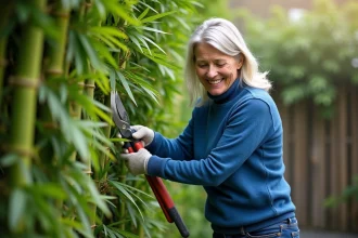 Femme souriante taillant un bambou dans son jardin