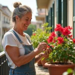 Femme taillant une bougainvillée sur un balcon urbain